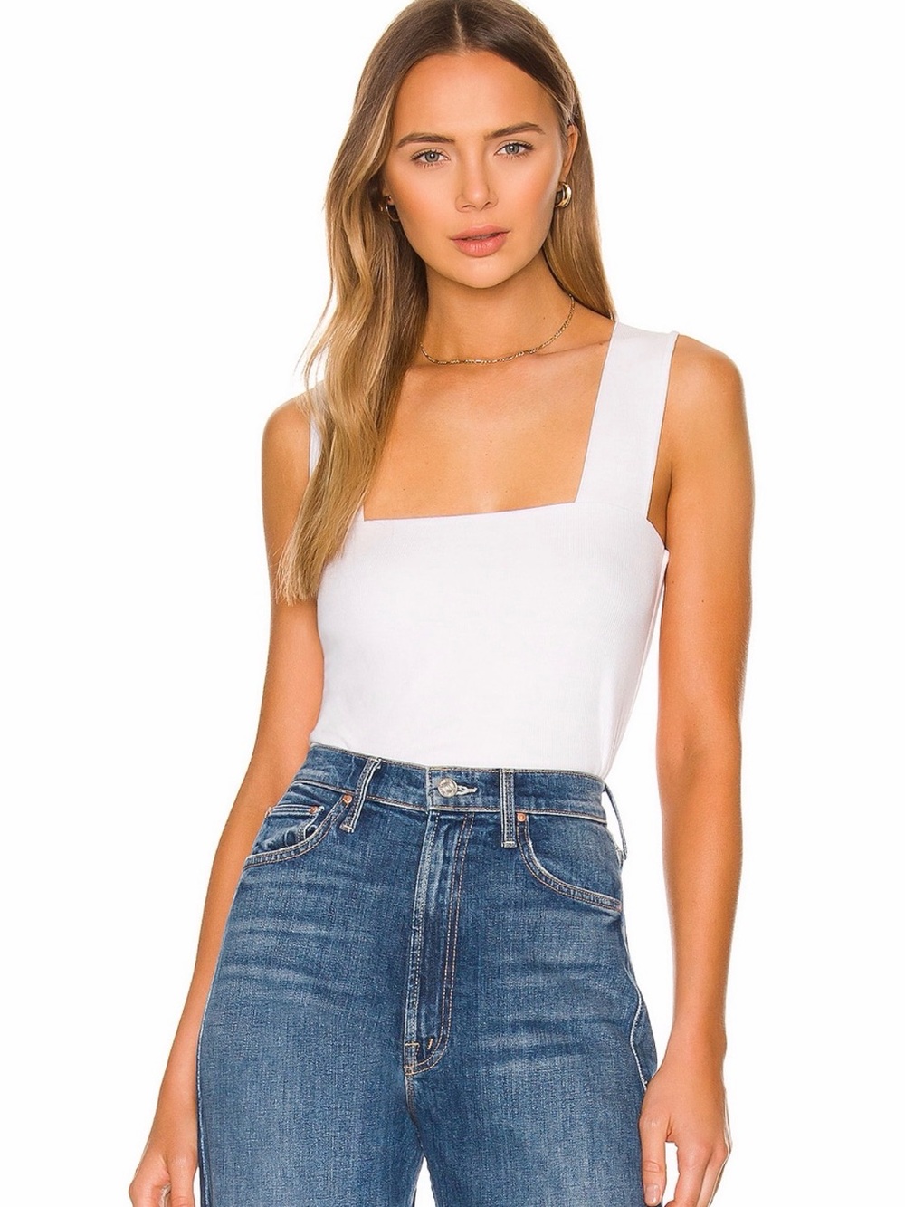 Michael Lauren White Ribbed Square-Neck Tank